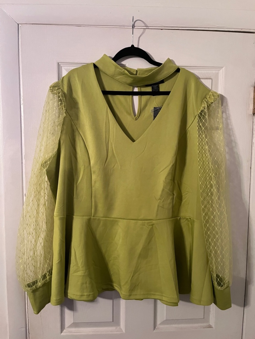 Ashley Stewart Lime Green Peplum Blouse with Mesh Sleeves